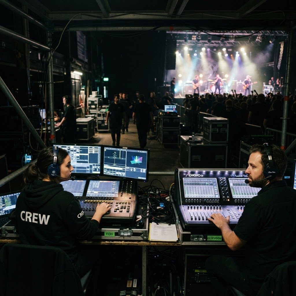Galaxis Plus production crew operating lighting and audio consoles backstage at a live event
