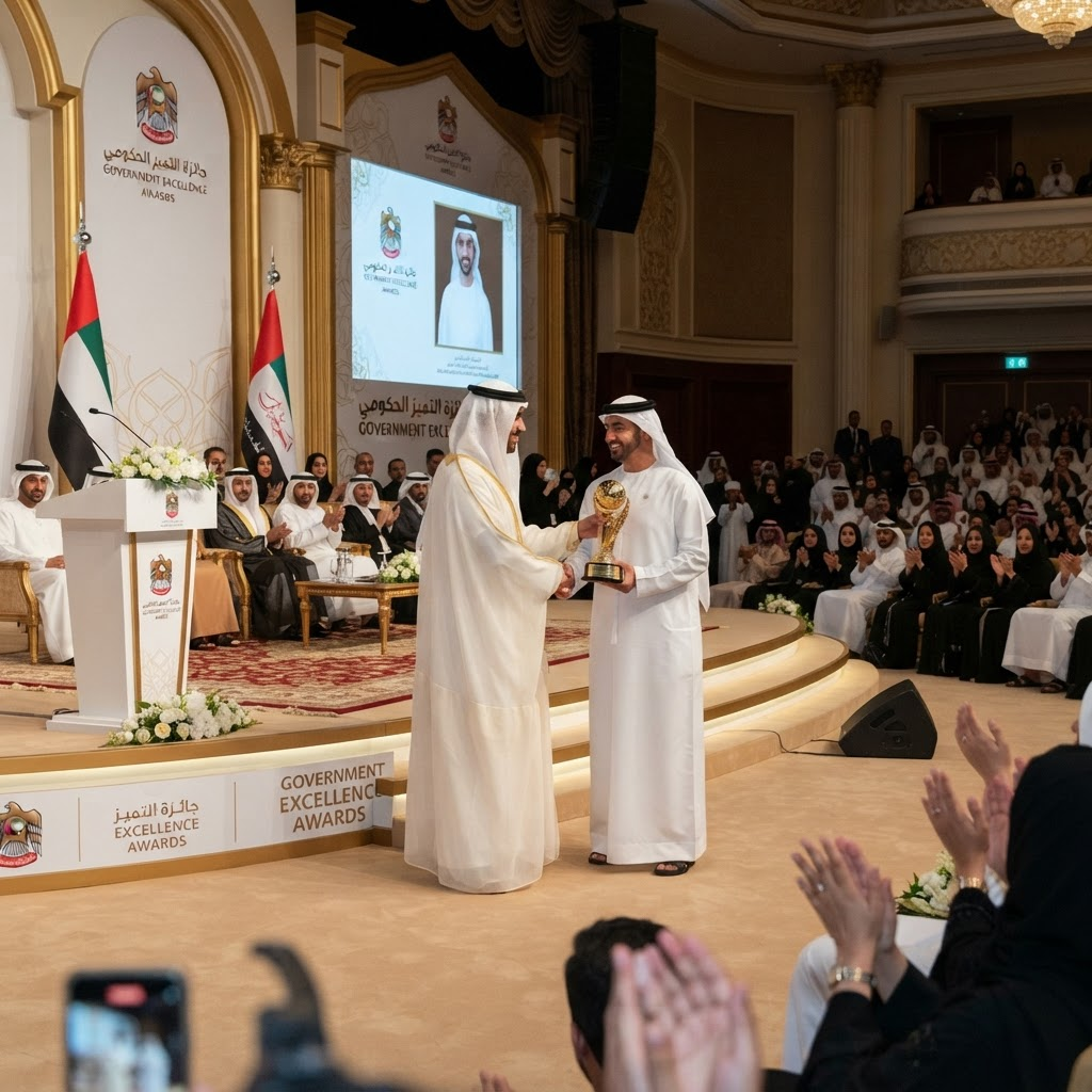 Official receiving a trophy on stage at a government excellence awards ceremony