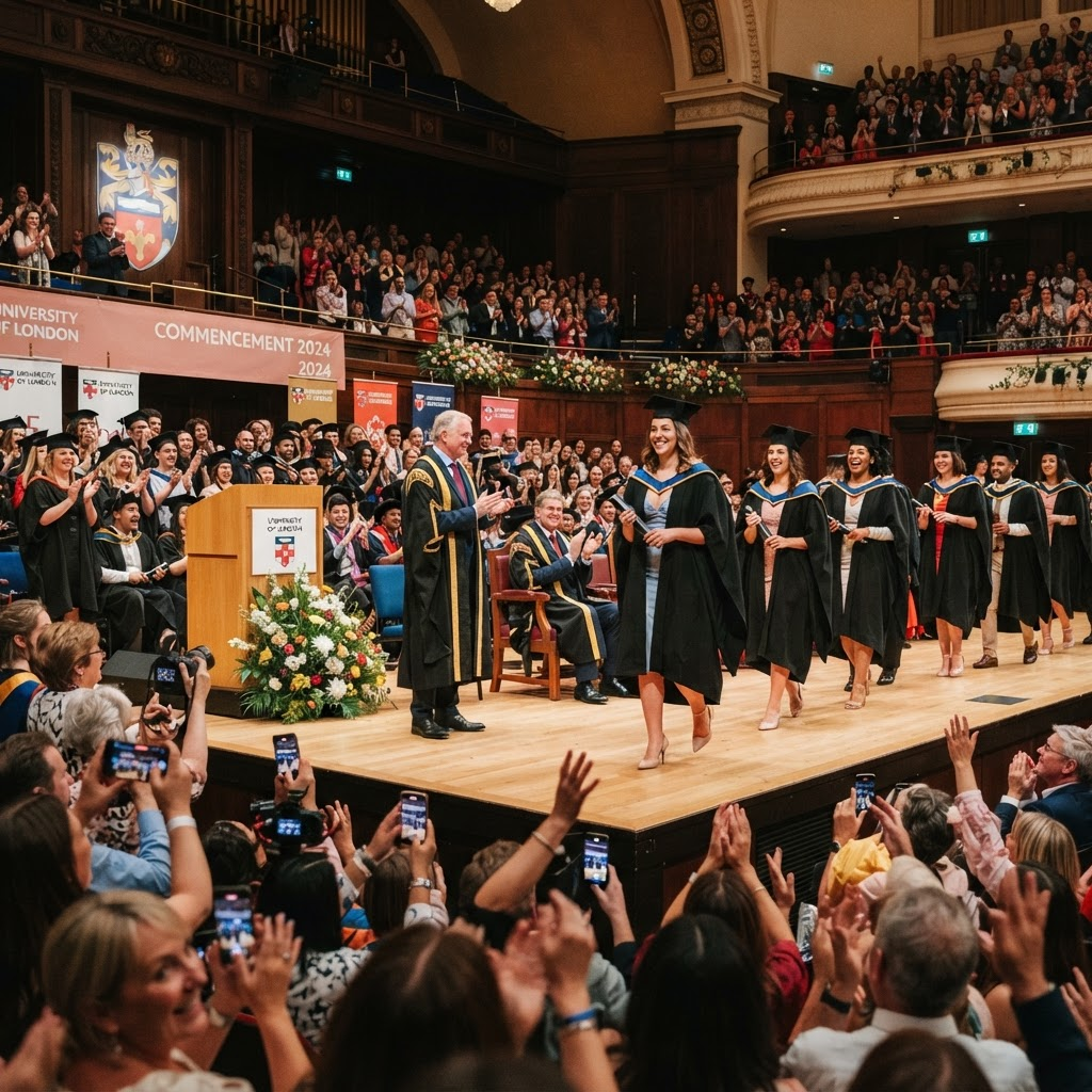 Graduates in caps and gowns crossing the stage at a university graduation ceremony