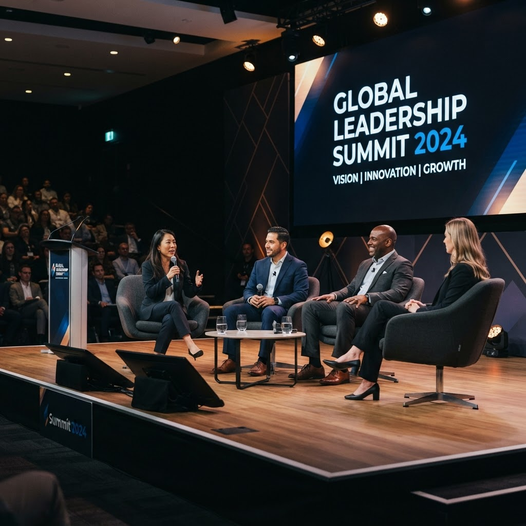 Executives on stage during a corporate leadership summit panel discussion