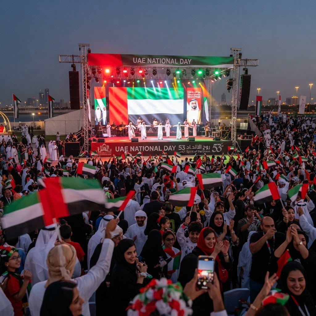 Outdoor stage performance and flag-waving crowd at a UAE National Day celebration