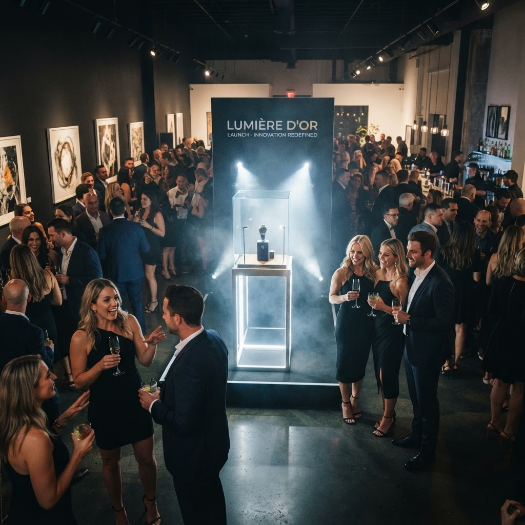 Illuminated reveal podium and guests at a luxury product launch event