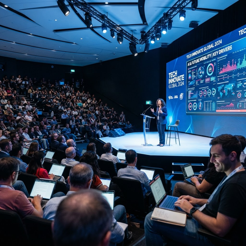 Keynote speaker presenting in front of a large LED wall at a technology innovation forum